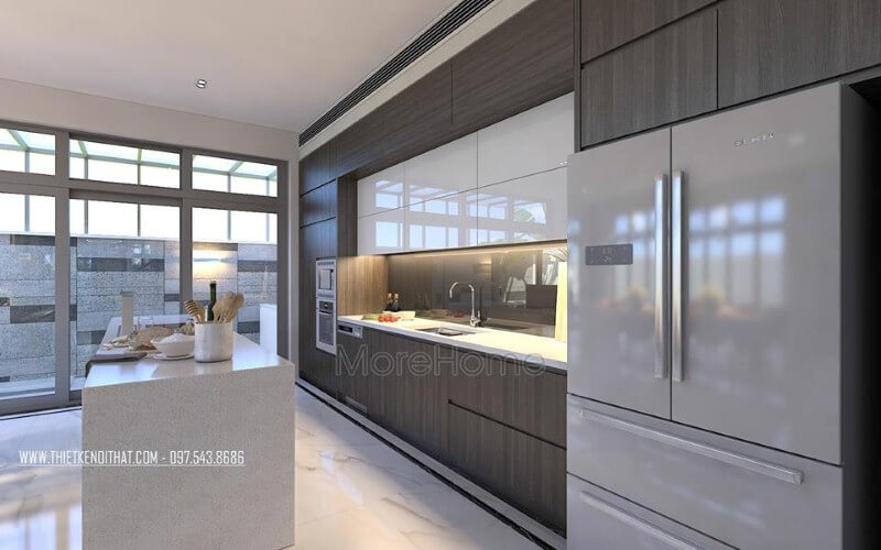 Bàn đảo đá nhân tạo trắng cao cấp lựa chọn ấn tượng cho không gian bếp hiện đại, sang trọng. Đá ốp bàn đảo bếp biệt thự