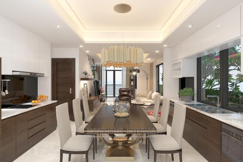 Mẫu tủ bếp gỗ công nghiệp kiểu dáng chữ i được đặt song song gợi nên sự thông thoáng hơn cho không gian nhà bếp Tủ bếp đẹp