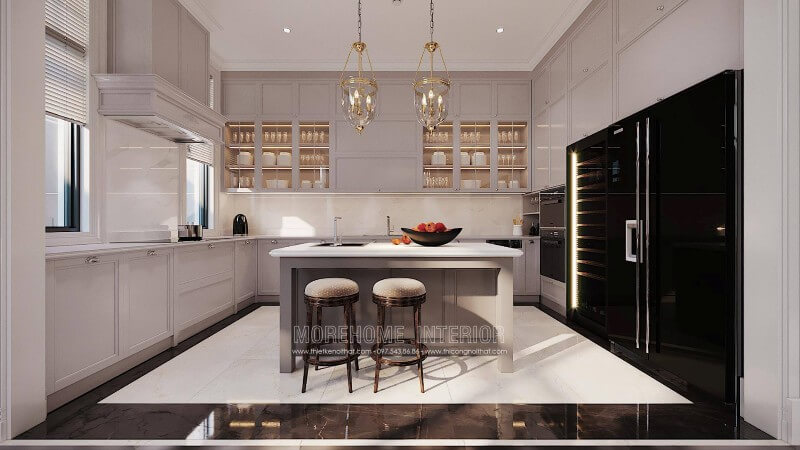 Morehome chuyên thiết kế và thi công sản xuất các mẫu tủ bếp biệt thự bằng gỗ đẹp. Khách hàng có nhu cầu đặt sản xuất tủ bếp hiện đại, vui lòng liên hệ với Morehome để được tư vấn và báo giá. Thiết kế và sản xuất tủ bếp đẹp