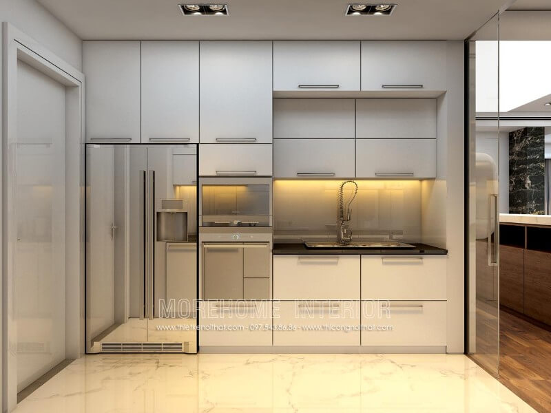 Tủ bếp chữ i được làm từ gỗ Acrylic màu trắng với lối thiết kế kịch trần tạo nên không gian bếp thoáng rộng hơn Thiết kế và sản xuất tủ bếp đẹp