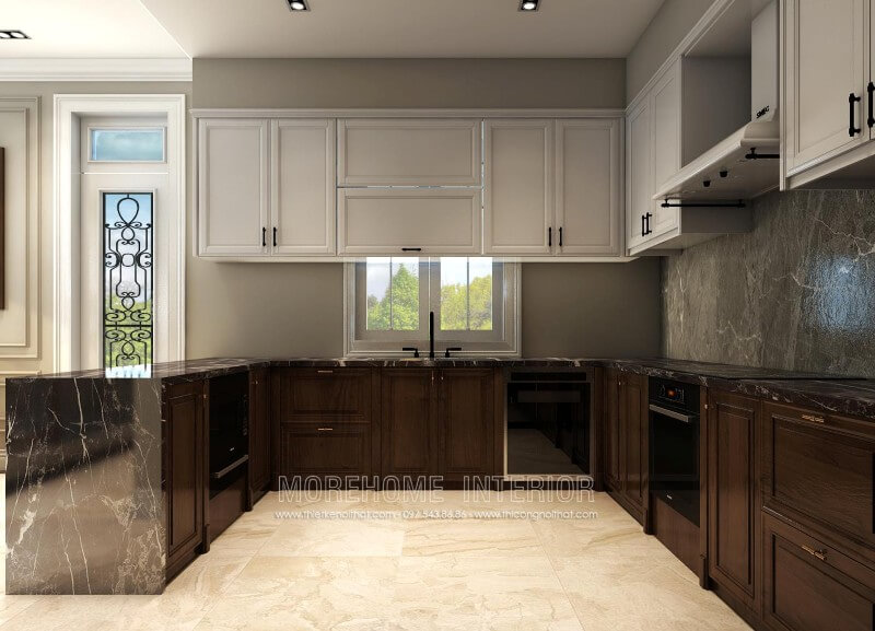 Thiết kế tủ bếp sang trọng và lạ mắt, ở khu vực nội trợ của gia chủ, KTS lựa chọn sử dụng kết hợp giữa 2 gam màu trắng và nâu mang lại không gian nhẹ nhàng, ấm cúng mà không quá nặng nề Thiết kế và sản xuất tủ bếp đẹp