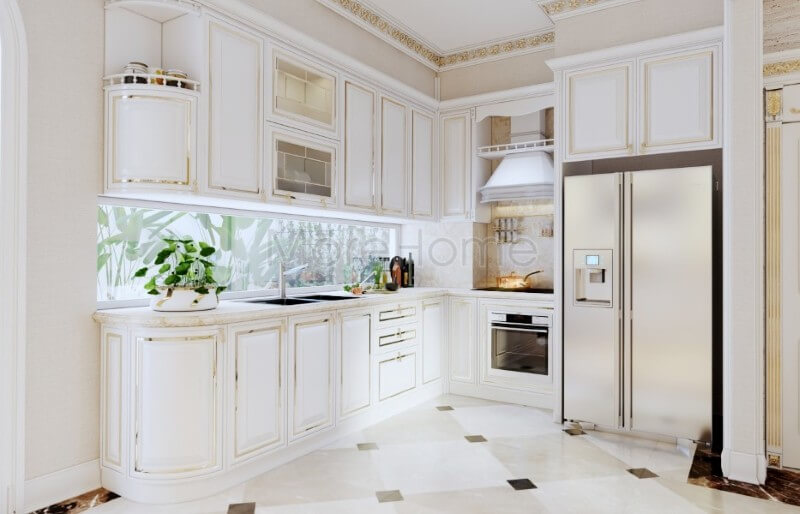 Thiết kế tủ bếp biệt thự kiểu dáng chữ L tân cổ điển đẹp mắt, từng chi tiết tinh tế trang trí đường ánh kim đơn giản tạo điểm nhấn đặc biệt giúp tăng thêm tính thẩm mỹ cho không gian nhà bếp Thiết kế và sản xuất tủ bếp đẹp