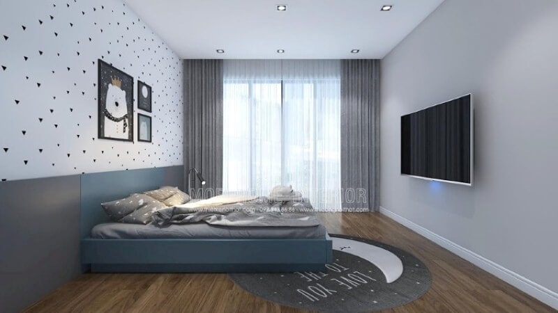 Ý tưởng bố trí phòng bé đơn giản với cửa lớn cùng rèm 2 lớp giúp phòng bé luôn tràn trề sinh khí nhưng vẫn giảm thiểu tối đa sức nóng ngày hè oi ả. Thiết kế nội thất chung cư